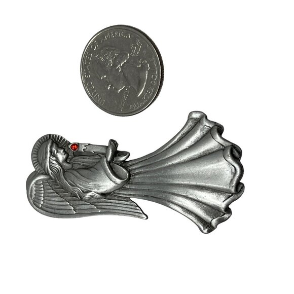 Vintage JJ Angel Brooch Silver Pewter Tone Red Rhinestone Crystal Candle Pin - Picture 3 of 8